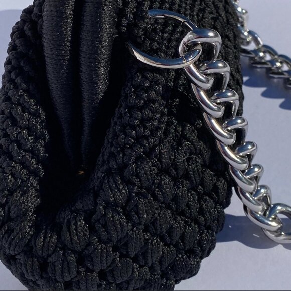 Small Black Crochet Handmade Shoulder Bag Silver Chain Everyday Minimalist Purse - Picture 3 of 6